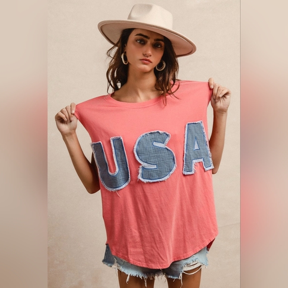BiBi Tops - Coral Denim BiBi Washed Jersey With USA Patched Raw Cut Edge Detail Top